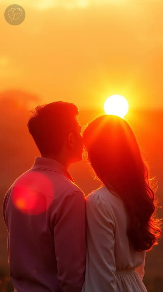 Casal ao pôr do sol representando a força do amor que permanece e acolhe.