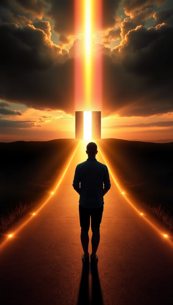 Homem caminhando em direção a uma porta de luz no horizonte, simbolizando que você não nasceu para parar aqui, mas para avançar em direção ao propósito do Altíssimo.