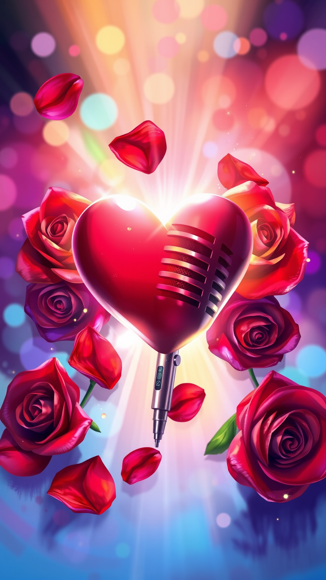 Coração em forma de microfone cercado por rosas simbolizando mensagens de amor para compartilhar.