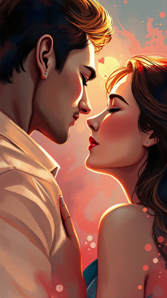 Ilustração artística de casal apaixonado em clima romântico representando uma declaração de amor